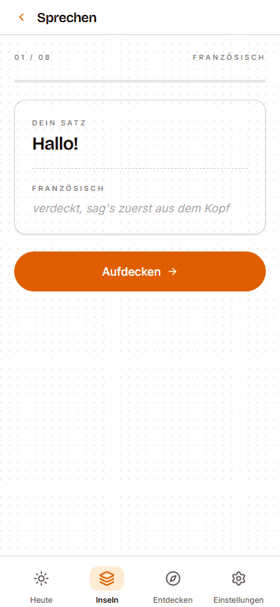 Der Abrufen-Übungsscreen — erst aus dem Kopf sagen, dann aufdecken.